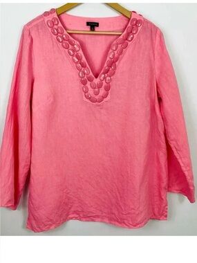 Talbots Pink Linen Beaded Neckline Tunic Top Size Medium